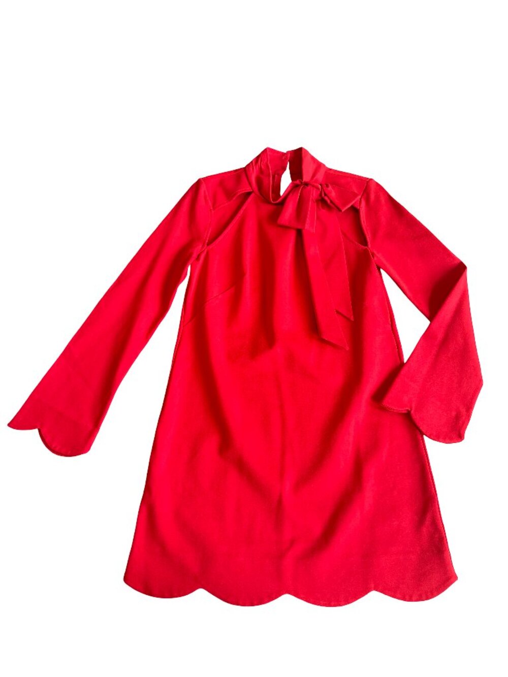 Maeve Red Scalloped Bow Neck Bell Sleeve Mini Dress Feminine Tie X-Small Women's